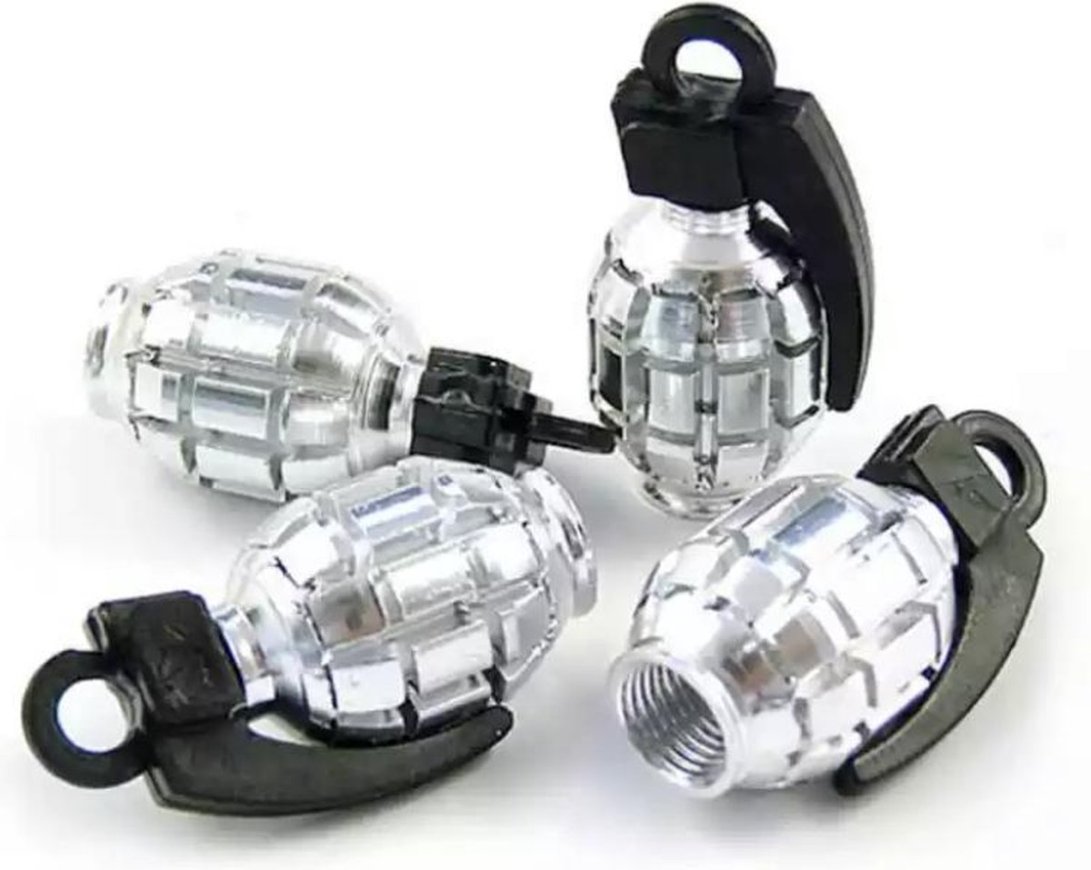 TT-product ventieldoppen Silver Grenades handgranaat 4 stuks zilver
