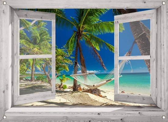 tuinposter - 90x65 cm - doorkijk wit venster - tropisch strand hangmat - tuindecoratie - tuindoek - tuin decoratie - tuinposters buiten - tuinschilderij