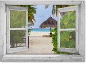tuinposter - 90x65 cm - doorkijk wit venster tropisch strand - tuindecoratie - tuindoek - tuin decoratie - tuinposters buiten - tuinschilderij