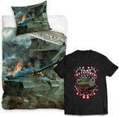 Dekbedovertrek Leger Tank- Army Combat- 1persoons- 140x200- Dekbed Jongens- 100% katoen, incl. zwart T-shirt met Tankprint mt 5/6