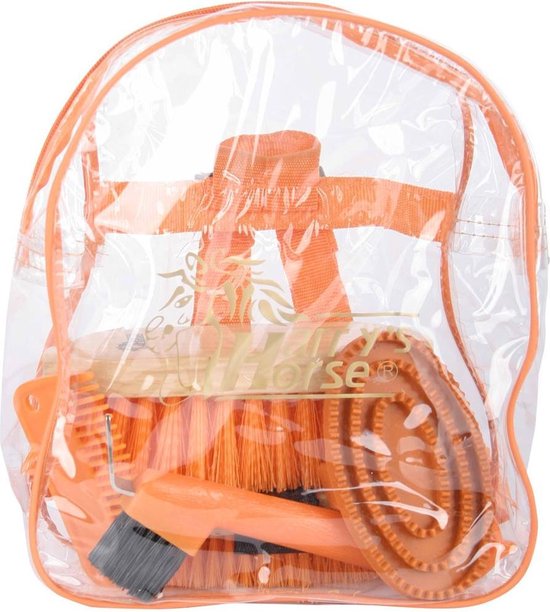 Transparante rugzak met oranje borstels en toebehoren, met Harrys Horse logo.
