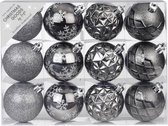 24x stuks luxe gedecoreerde kunststof kerstballen antraciet mix 6 cm - Onbreekbare kerstballen - Kerstversiering