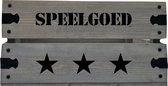 Speelgoed krat grijs met zwarte tekst