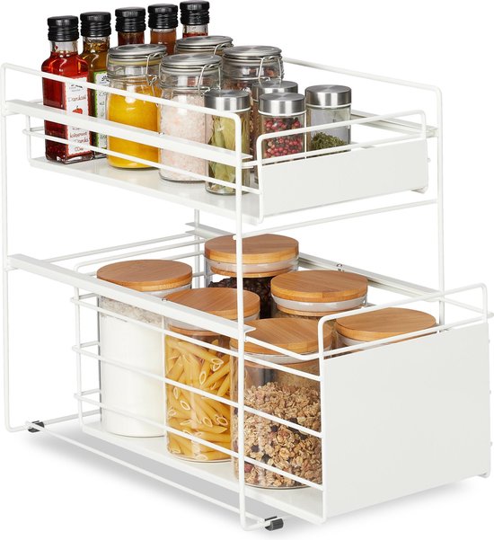 Étagère à Épices 2 Niveaux Marron Rustique - Organisateur Cuisine Avec Tiroir Coulissant, Rangement Pratique