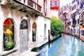JJ-Art (Canvas) 90x60 | Venetië, Italië, turquoise kanaal in olieverf look - woonkamer | sfeer, stad | Foto-Schilderij print op Canvas (canvas wanddecoratie) | KIES JE MAAT
