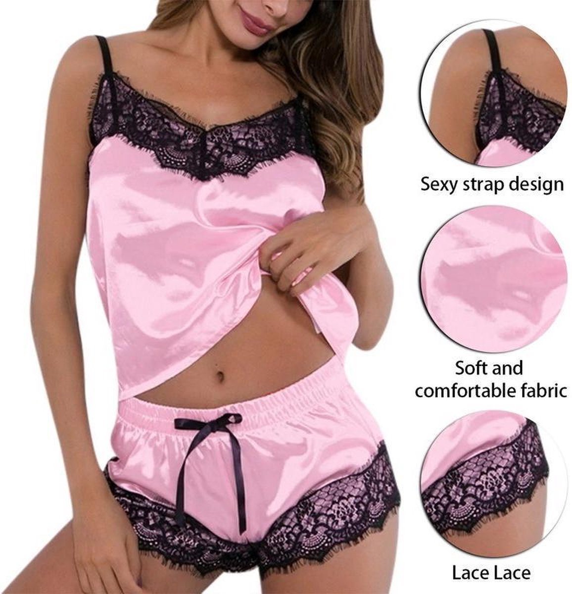 Pyjama / nuisette en satin rose élégant avec dentelle noire, taille Large |  bol.com