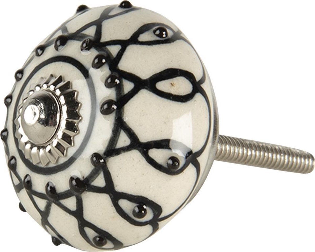 Clayre & Eef Deurknop 4x6 cm Wit Zwart Keramiek Rond Meubelknop Kastknop