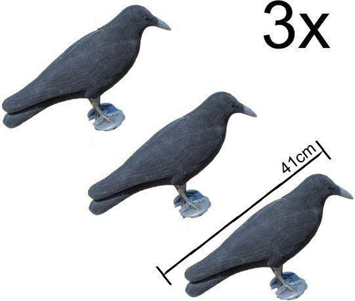 3x zwarte XL kraai - vogelverschrikker - Halloween decoratie - ProLoo 3x nep kraai 41cm incl. grondpin zwart plastic geflockt -diervriendelijke duivenverjager - vogelverschrikker - ProLoo