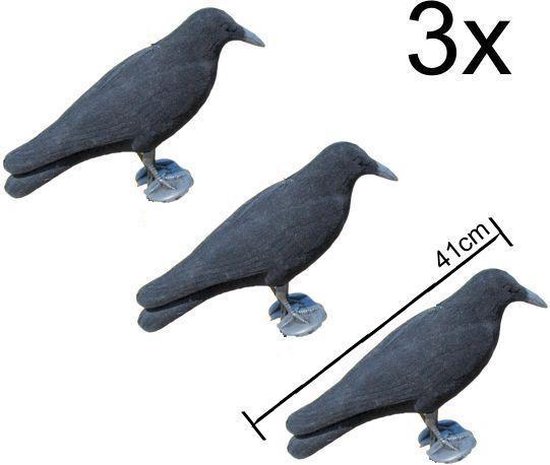 3x zwarte XL kraai - vogelverschrikker - Halloween decoratie - ProLoo 3x nep kraai 41cm incl. grondpin zwart plastic geflockt -diervriendelijke duivenverjager - vogelverschrikker - ProLoo