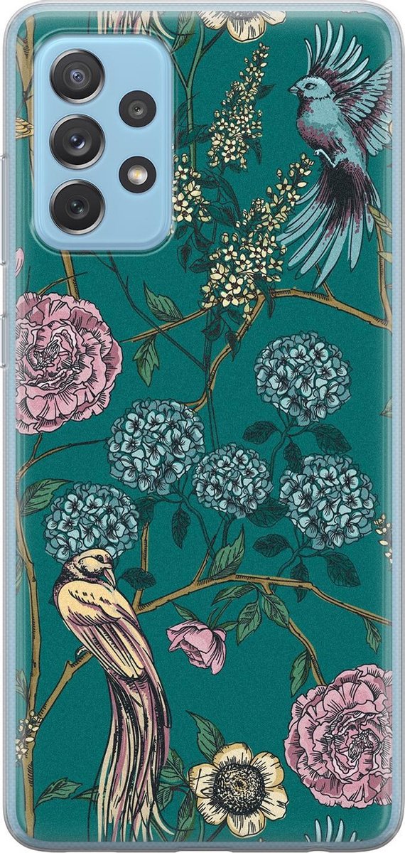 Samsung Galaxy A52 siliconen hoesje - Vogels Japanse bloemen - Soft Case Telefoonhoesje - Blauw - Bloemen