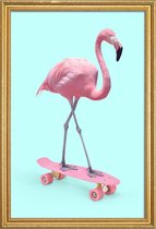 JUNIQE - Poster met houten lijst Skate Flamingo -30x45 /Blauw & Roze