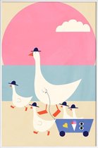 JUNIQE - Poster met kunststof lijst Geese on Vacation -13x18 /Blauw &