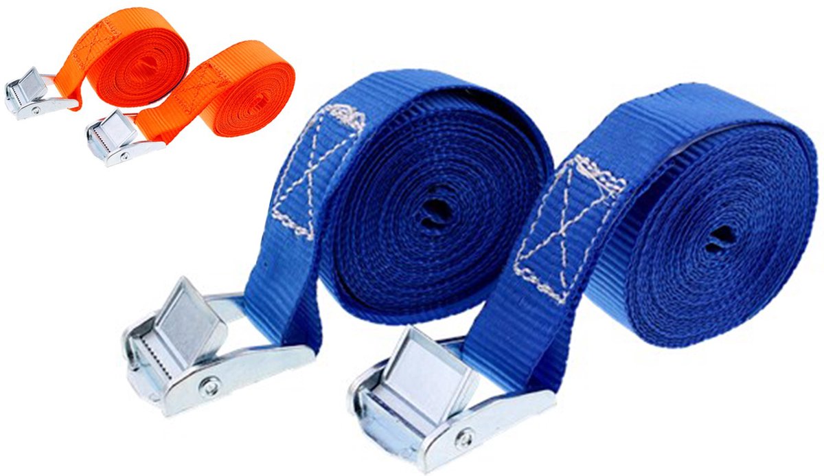 4x Spanbanden blauw/oranje 2 x 3,5 meter - Opbergen en verhuizen