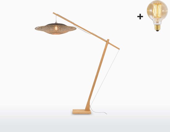 Vloerlamp - KALIMANTAN - Bamboe Voetstuk (h. 220 cm) - Large Lampenkap (87x20cm) - Met LED-lamp