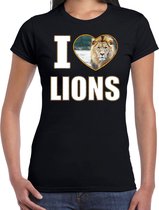 I love lions t-shirt met dieren foto van een leeuw zwart voor dames - cadeau shirt leeuwen liefhebber 2XL