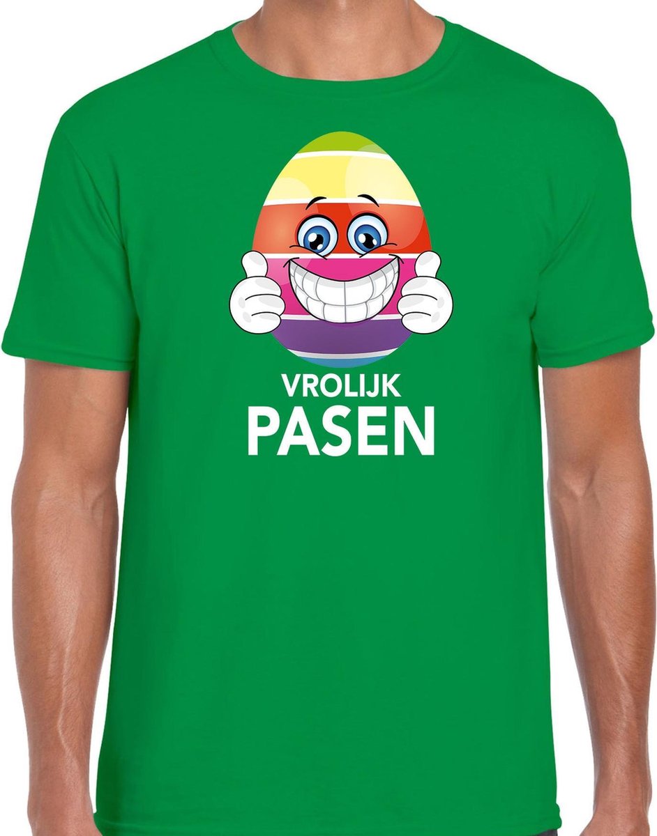 Afbeelding van product Bellatio Decorations  Paasei met duimen omhoog vrolijk Pasen t-shirt / shirt - groen - heren - Paas kleding / outfit M  - maat M