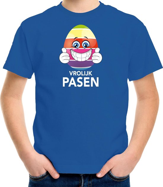 Paasei met duimen omhoog vrolijk Pasen t-shirt / shirt - blauw - kinderen - Paas kleding / outfit 158/164