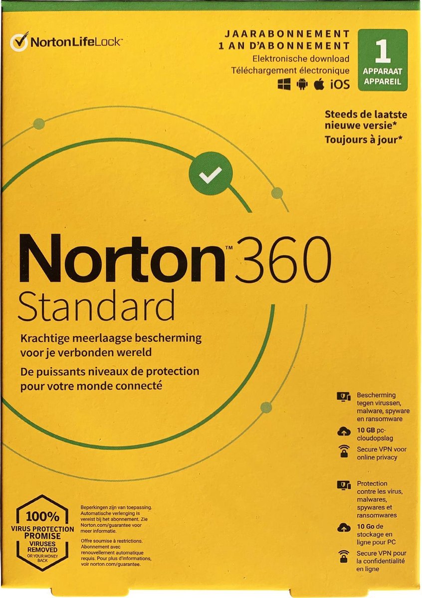 Norton 360 Standard 1 Apparaat + 10GB cloud opslag Nederlands & Frans