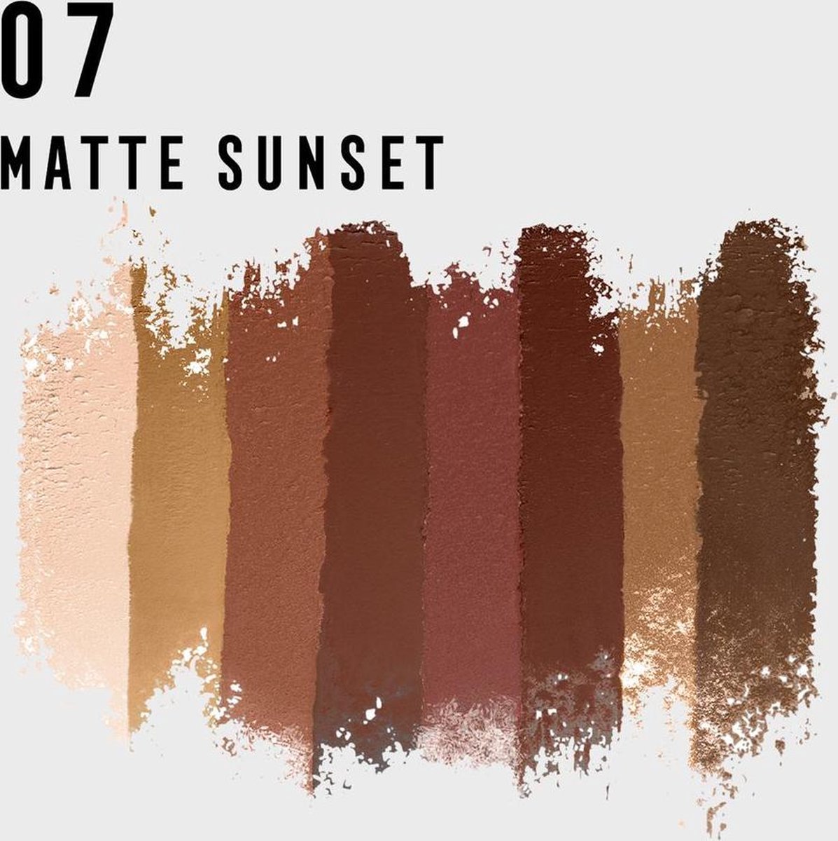 Oogschaduwpalet met acht matte tinten van lichtroze tot donkerbruin, inclusief applicator.