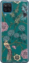 Samsung Galaxy A12 siliconen hoesje - Vogels Japanse bloemen - Soft Case Telefoonhoesje - Blauw - Bloemen