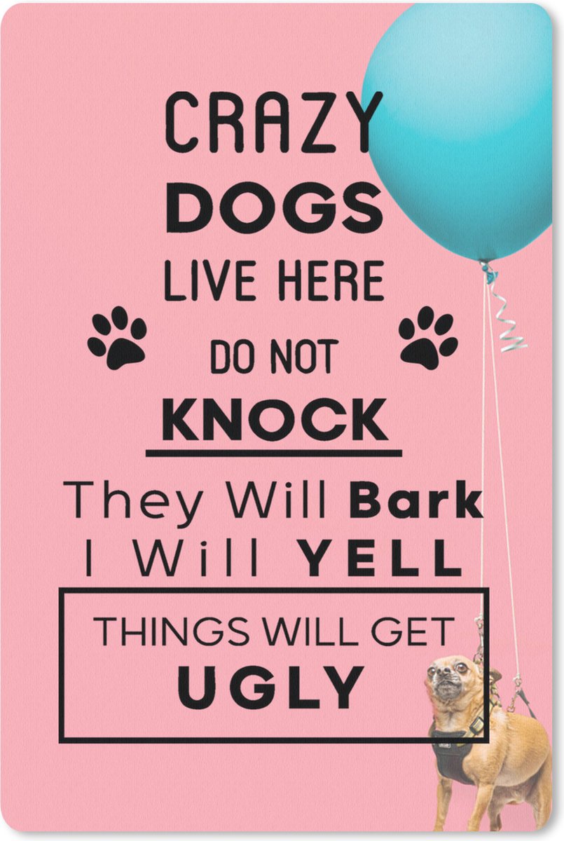 Muismat Honden Quotes - Honden quote 'Crazy dogs live here' tegen een roze achtergrond met vliegende honden muismat rubber - 18x27 cm - Muismat met foto