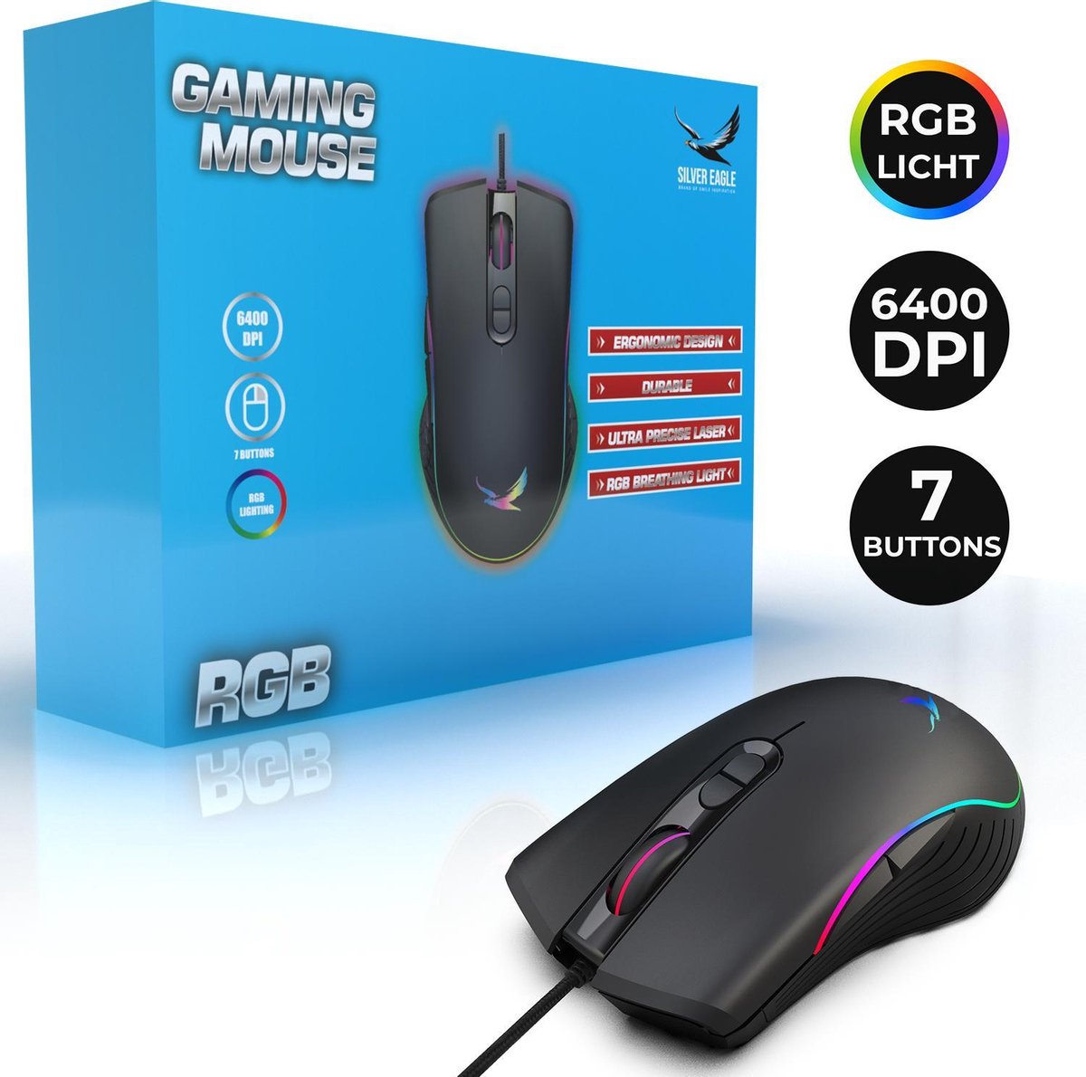 Silver Eagle Gaming Mouse - Souris USB - Avec LED - Siècle des Lumières RVB  - 6400 DPI
