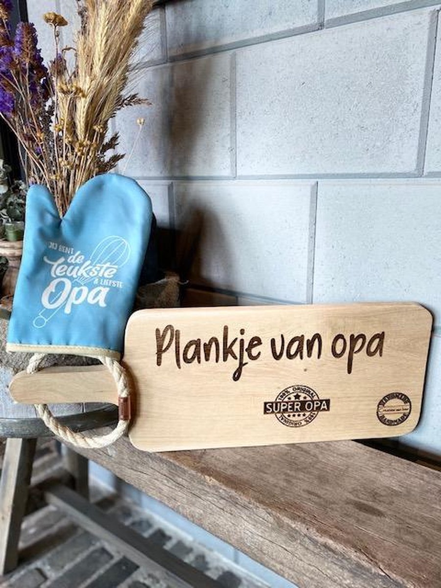Creaties van Hier - Serveerplank met ovenhandschoen - Opa - Eikenhout - 55 cm