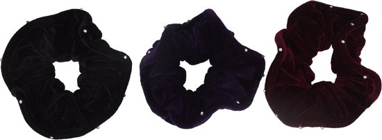 Jessidress Elastiekje Grote Scrunchies van Velours met Strass Elastieken XL Scrunchie - Zwart/Paars/Bordeaux