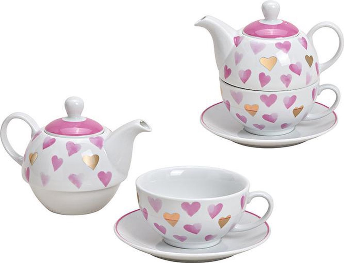 Cadeau tip - Theepot set hart decor van porselein wit, roze, goud  - Tea For One set - inhoud 1 kop thee - set van 3 - niet vaatwasserbestendig - niet magnetronveilig - Merkloos