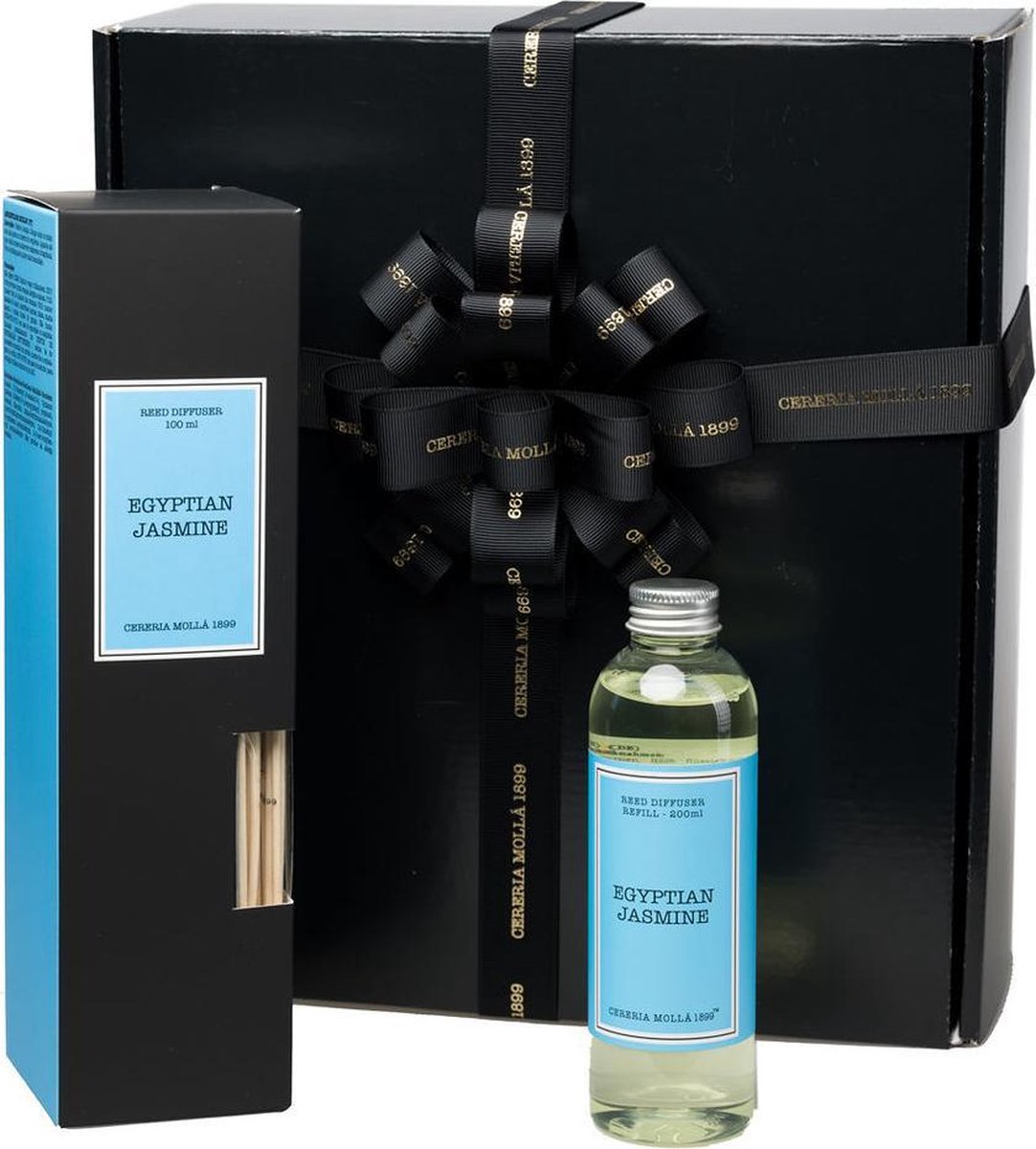 Cereria Mollà 1899 Giftset Cadeau dos Box Geschenkenset Mikado Geurstokjes 100ml met refill navulling 200 ml Egyptian Jasmine ideaal cadeau romantiek valentijn verjaardag moeder bloemen lentefris jasmijn