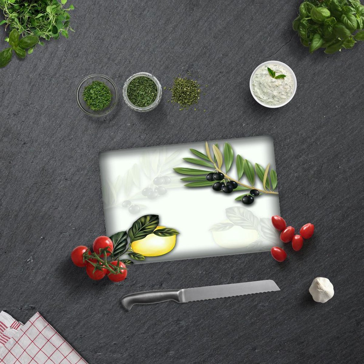 Olijven en Citroen Tempered Glas Snijplank 20cm x 30cm - Glassnijplank
