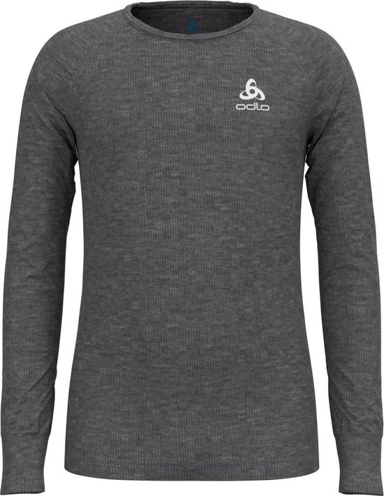 Donkergrijs Odlo thermoshirt voor kinderen met lange mouwen en ronde hals. Met Odlo-logo op de borst.