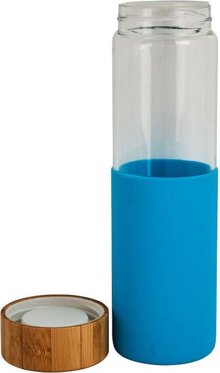 Gepersonaliseerde drink fles met uw eigen tekst of naam - Blauw - Bamboe dop - Ook eigen ontwerp is mogelijk