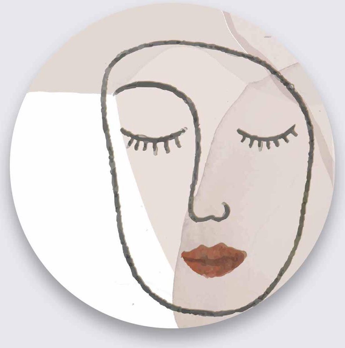 Schilderij - abstract - lijntekening gezicht - Collectie organic shape - Pure Metal - 70 cm rond