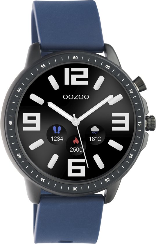 OOZOO Smartwatch Zwarte horloge met donker blauwe rubber band bol