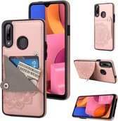 Voor Samsung Galaxy A20s reliëfpatroon PU + TPU beschermhoes met houder & portemonnee & kaartsleuven (rose goud)