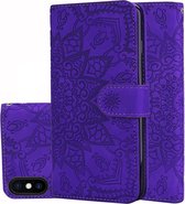 Kalfspatroon dubbel opvouwbaar design reliëf lederen tas met portemonnee & houder & kaartsleuven voor iPhone XS / X (paars)