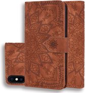 Kalfspatroon dubbel opvouwbaar design reliëf lederen tas met portemonnee & houder & kaartsleuven voor iPhone XS / X (bruin)