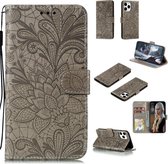 Voor iPhone 12 Pro Max 6.7 Lace Flower horizontale flip lederen tas met houder & kaartsleuven & portemonnee & fotolijst (grijs)