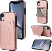 Reliëfpatroon PU + TPU beschermhoes met houder & portemonnee & kaartsleuven voor iPhone XR (roségoud)