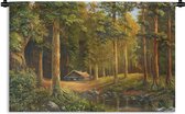 Wandkleed Bossen en bomen illustratie - Een illustratie van een huisje in een bos Wandkleed katoen 150x100 cm - Wandtapijt met foto