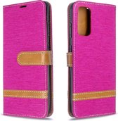 Voor Galaxy S20 kleurafhankelijke denim textuur horizontale flip pu lederen tas met houder & kaartsleuven & portemonnee & lanyard (rose rood)