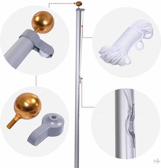 Vlaggenmast Deelbaar 600cm Zilver - Lumedi - Kerstverlichting - Tuin - Buiten - Kerst - Deelbare Mast - Tijdelijke Vlaggenmast