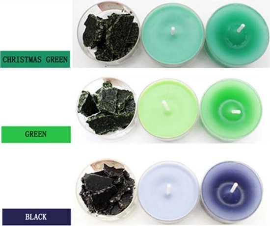 Kerstgroene, groene en zwarte kaarsen met bijpassende kleurstoffen.