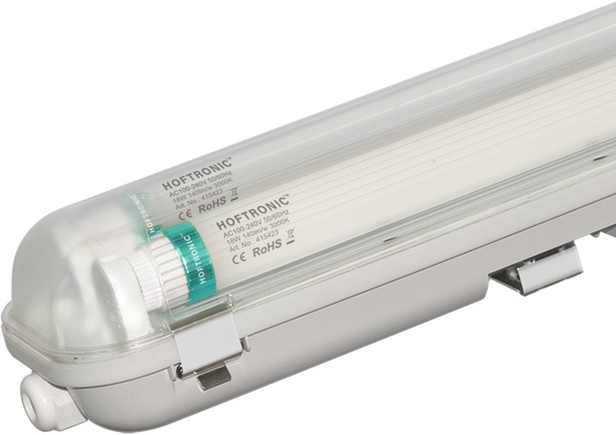 HOFTRONIC LED TL armatuur 60cm - LED - Dubbelvoudig - Waterdicht - Flikkervrij - Koppelbaar - 18 Watt - 2520 lumen - 140 lm/W - 230V - 3000K Warm wit - TL armatuur voor werkplaatsen, garages, bedrijfshallen en magazijnen Transparant