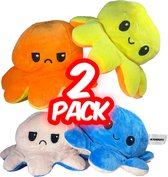 Ultrasativa® Octopus Mood Knuffel - Mood Octopus- Licht Roze & Blauw - Oranje & Geel - 2 Pack - Omkeerbaar, Emotie Knuffel - Boos/Blij Knuffel - 4 Verschillende Kleuren -