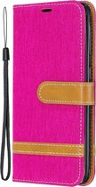Kleurafstemming Denim Texture Leather Case voor Samsung Galaxy A20E, met houder & kaartsleuven & portemonnee & lanyard (rose rood)