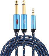EMK 3,5 mm jack male naar 2 x 6,35 mm jack male vergulde connector Nylon gevlochten AUX-kabel voor computer / X-BOX / PS3 / cd / dvd, kabellengte: 2 m (donkerblauw)