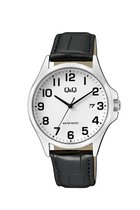 Q&Q A480J304Y - Horloge - Analoog - Mannen - Heren - leren band - Rond - Staal - Cijfers - Datumaanduiding - Zwart - Zilverkleurig - Wit