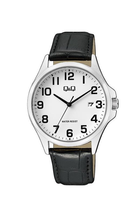 Q&Q A480J304Y - Horloge - Analoog - Mannen - Heren - leren band - Rond - Staal - Cijfers - Datumaanduiding - Zwart - Zilverkleurig - Wit